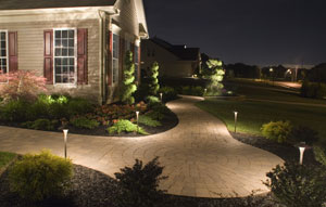 outdoor patio at night illuminated by custom landscape lighting