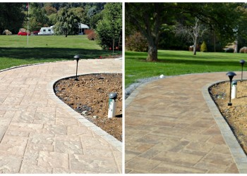 before and after photos using enhanced sealer on a newly installed walkway