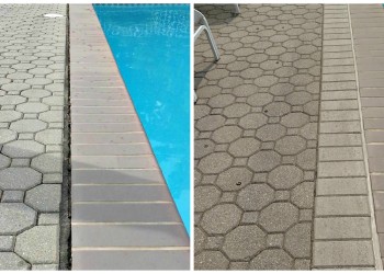 before and after repairing pavers for a gap in pool deck